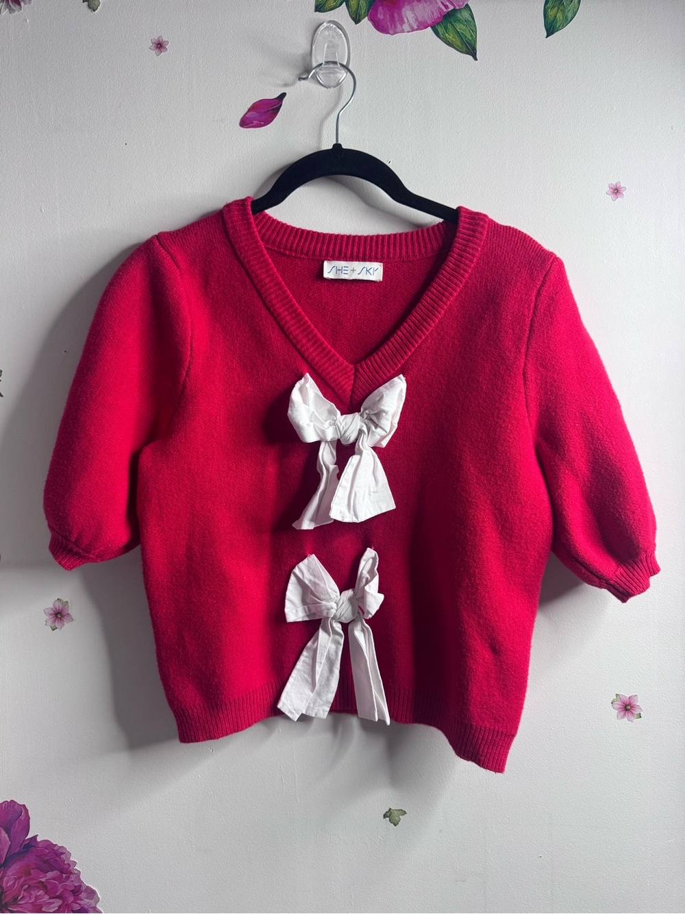 She + Sky Red V-Neck Sweater with White Bow Accents